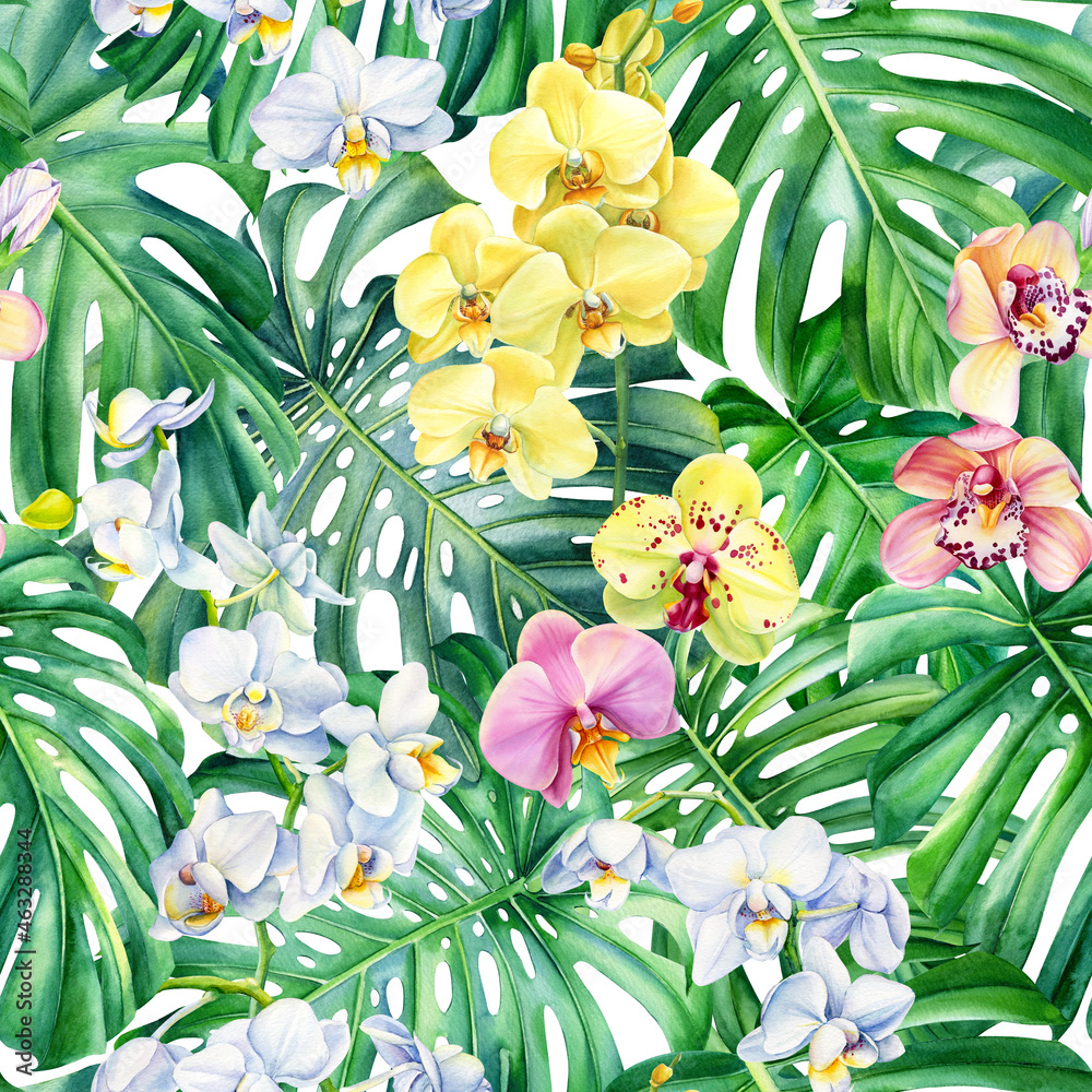Fototapeta premium Watercolor Tropical orchid flowers and monstera leaves, Exotic seamless pattern. Hand painted illustration. 