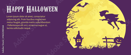 Halloween, baner z czarownicą lecącą na miotle z widocznym nocnym niebem  i księzyce, puste miejsce na tekst photo