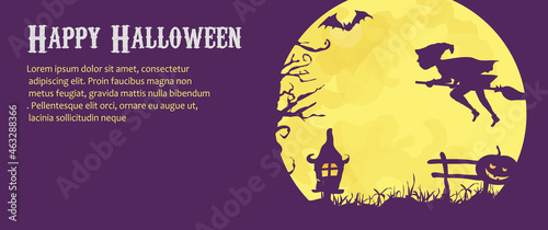 Halloween, baner z czarownicą lecącą na miotle z widocznym nocnym niebem  i księzyce, puste miejsce na tekst