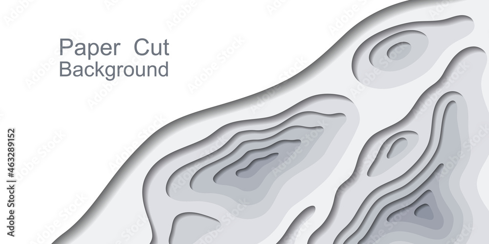 Paper cut topography background, 3d multi layers. Abstract origami vector papercut design ащк for web banner.  Gray and white, sea floor topo lines.