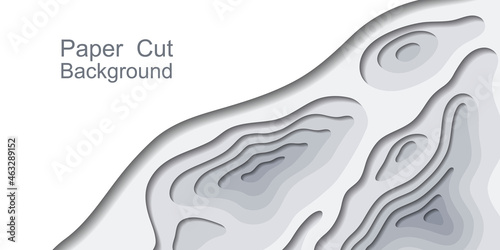 Paper cut topography background, 3d multi layers. Abstract origami vector papercut design ащк for web banner.  Gray and white, sea floor topo lines.