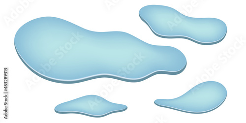 Puddle of water, spill drop lliquid splash. Blue water drops, flowing amorphous blobs. Flat cartoon design, isolated geometric shapes on white background. Vector illustration