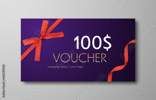 Gift voucher with red ribbon and bow. Discount luxury voucher. Vector banner