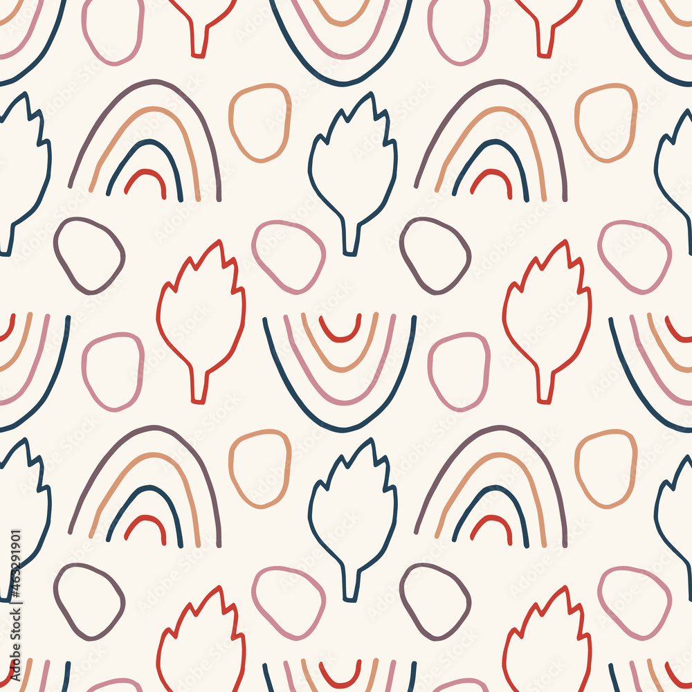 seamless repeating pattern with leaves and rainbows. vector illustration seamless repeating pattern with leaves and rainbows. vector illustration