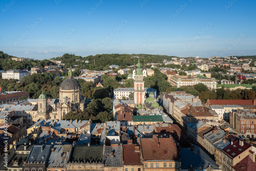 Aerial view of Lviv with Dominican Church and Monastery, Dormition Church and Korniakt Tower - Lviv, Ukraine