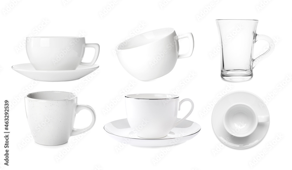 Set with different coffee cups on white background Set with different coffee cups on white background
