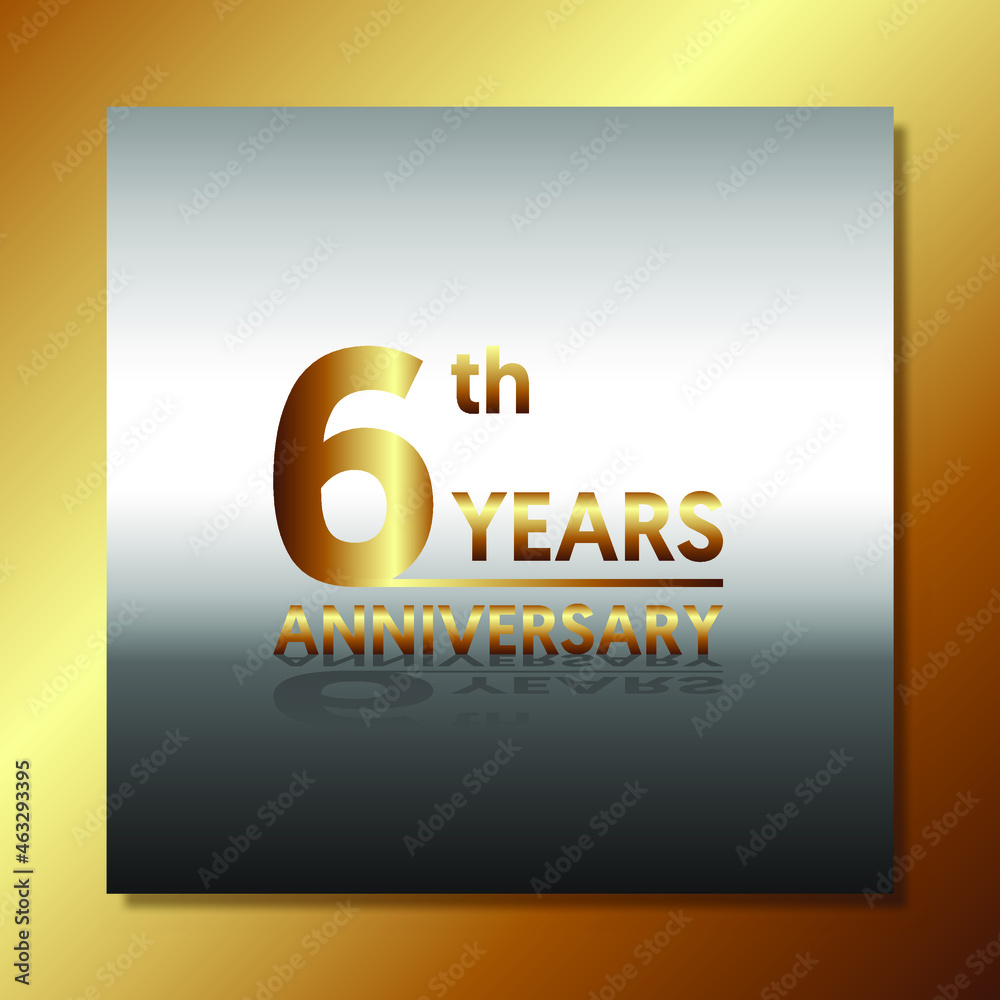 6th anniversary, anniversary celebration vector design with gold color on silver and gold background with square shape.