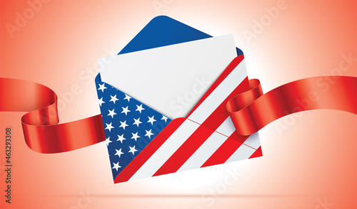 Envelope with USA flag print and red satin ribbon, flying on red gradient background. Official, patriotic, US government message, concept vector illustration with copy space.