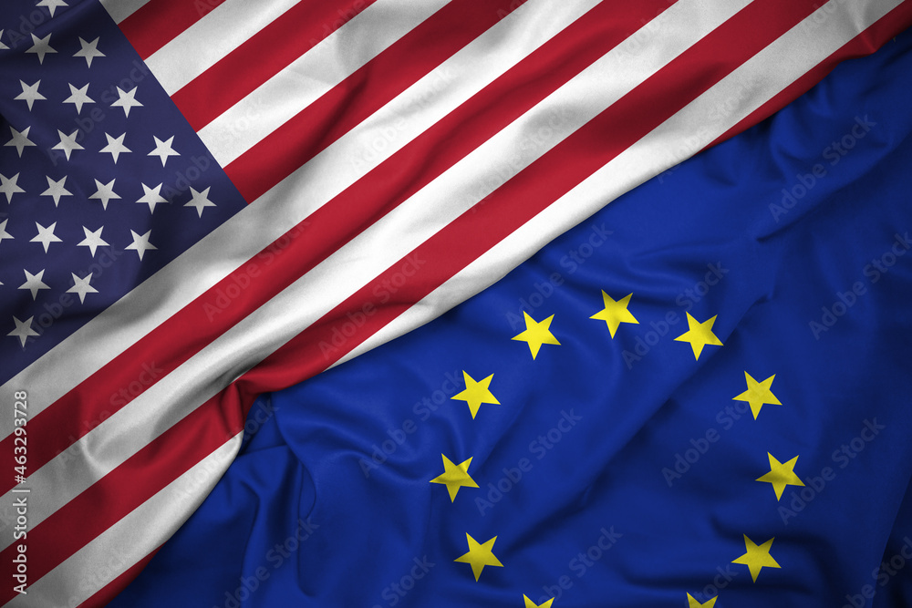 Obraz premium United States of America (USA) and European Union (EU) Flag Background. Diplomatic and Economic Relations, Global Trade and International Laws Concept. Close Up, High Resolution. 