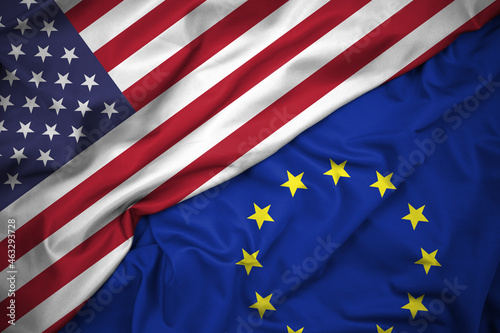 United States of America (USA) and European Union (EU) Flag Background. Diplomatic and Economic Relations, Global Trade and International Laws Concept. Close Up, High Resolution. 