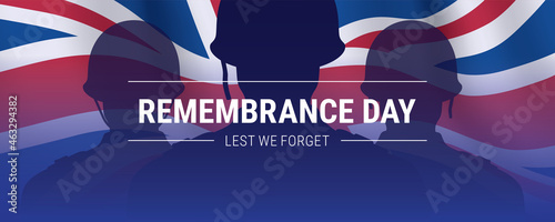 Remembrance day vector background, with soldier silhouettes and waving UK flag. Patriotic British army banner with LEST WE FORGET message.