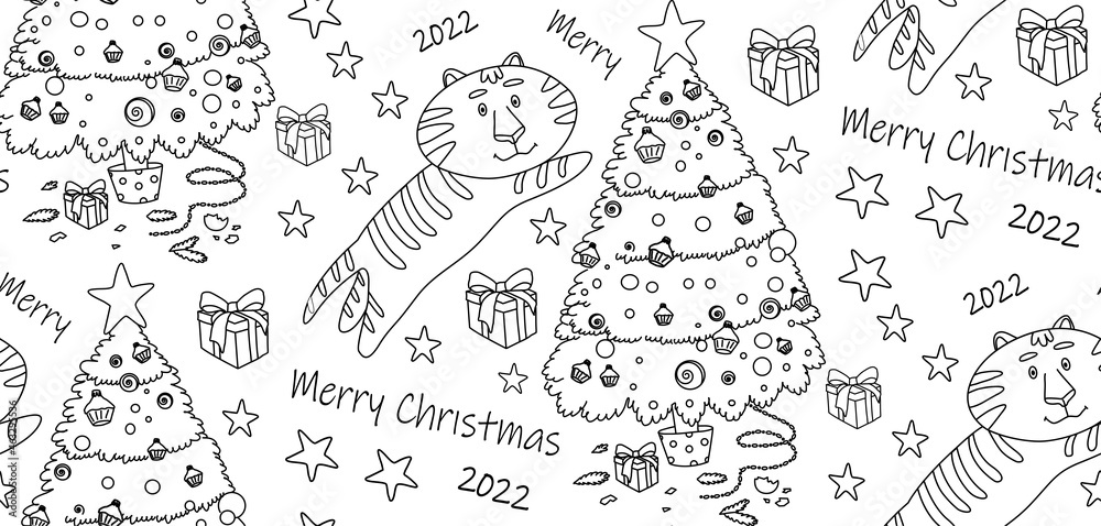 Christmas seamless pattern. The symbol of 2022. Tiger and Christmas tree. Template for use in children's design, textiles, books, packaging.