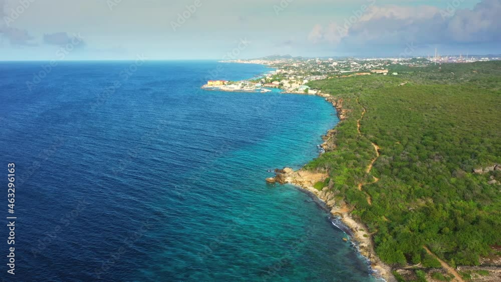 Aerial view above scenery of Curacao, the Caribbean with ocean and coast Aerial view above scenery of Curacao, the Caribbean with ocean and coast
