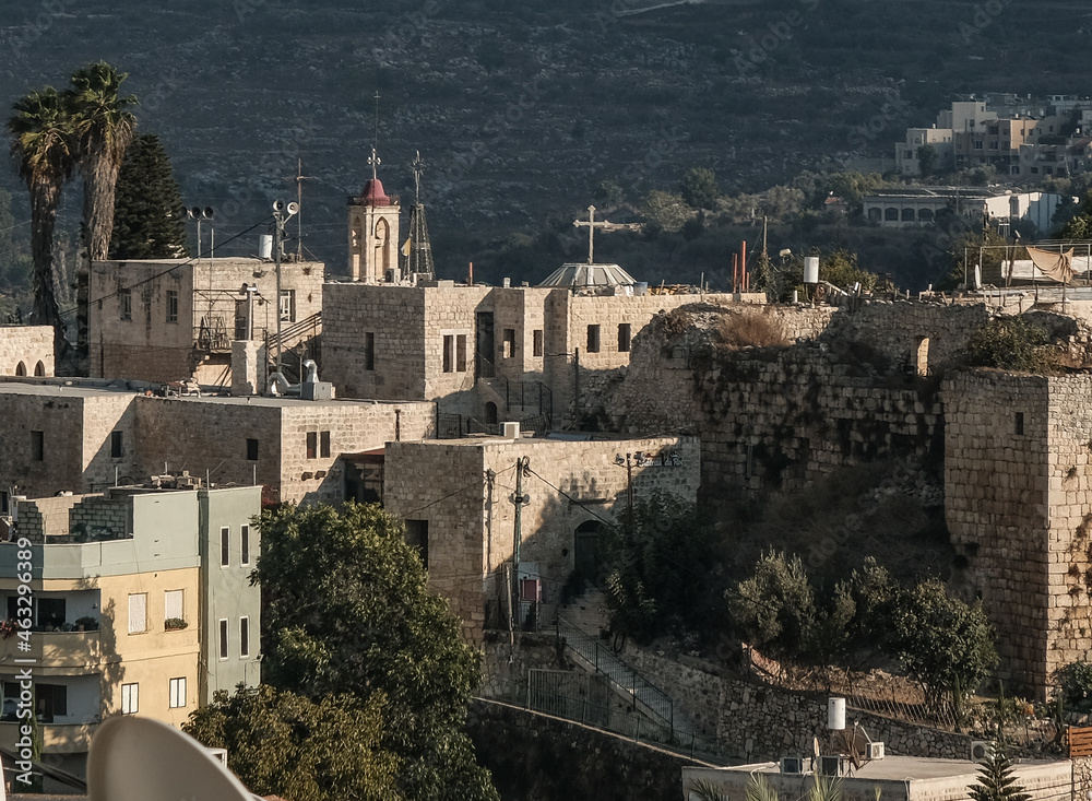 View from the North of Mi'ilya village with the King's Castle and the Melkite Greek Catholics Church in the background, Western Galilee, Northern District of Israel, Israel.
