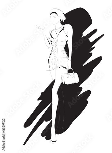 Young beautiful woman in stylish clothes. Sale concept. Hand-drawn fashion illustration