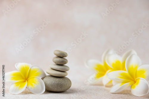 Pyramids of gray and white zen pebble meditation stones on beige background with plumeria tropical flower. Concept of harmony  balance and meditation  spa  massage  relax