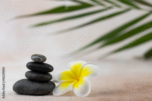 Pyramids of gray and white zen pebble meditation stones on beige background with plumeria tropical flower. Concept of harmony  balance and meditation  spa  massage  relax