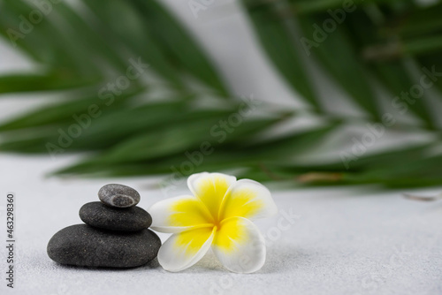 Pyramids of gray and white zen pebble meditation stones on white background with plumeria tropical flower. Concept of harmony, balance and meditation, spa, massage, relax