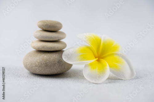 Pyramids of gray and white zen pebble meditation stones on white background with plumeria tropical flower. Concept of harmony  balance and meditation  spa  massage  relax