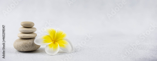 Pyramids of gray and white zen pebble meditation stones on white background with plumeria tropical flower. Concept of harmony  balance and meditation  spa  massage  relax. Banner format
