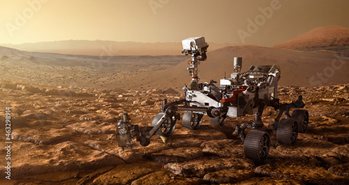Mars 2020 Perseverance Rover is exploring surface of Mars. Perseverance rover Mission Mars exploration of red planet. Space exploration, science concept. .Elements of this image furnished by NASA. photo
