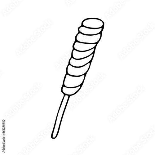 Candy in the doodle style. Candy on a stick, twisted into a spiral. A simple illustration for shops, pastry shops, cafes, children's parties. A twisted lollipop on a stick.