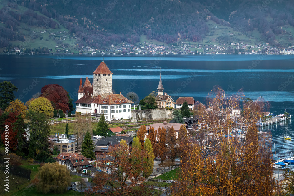 Aerial view of Spiez Castle and Castle Church at Lake Thun - Spiez, Switzerland