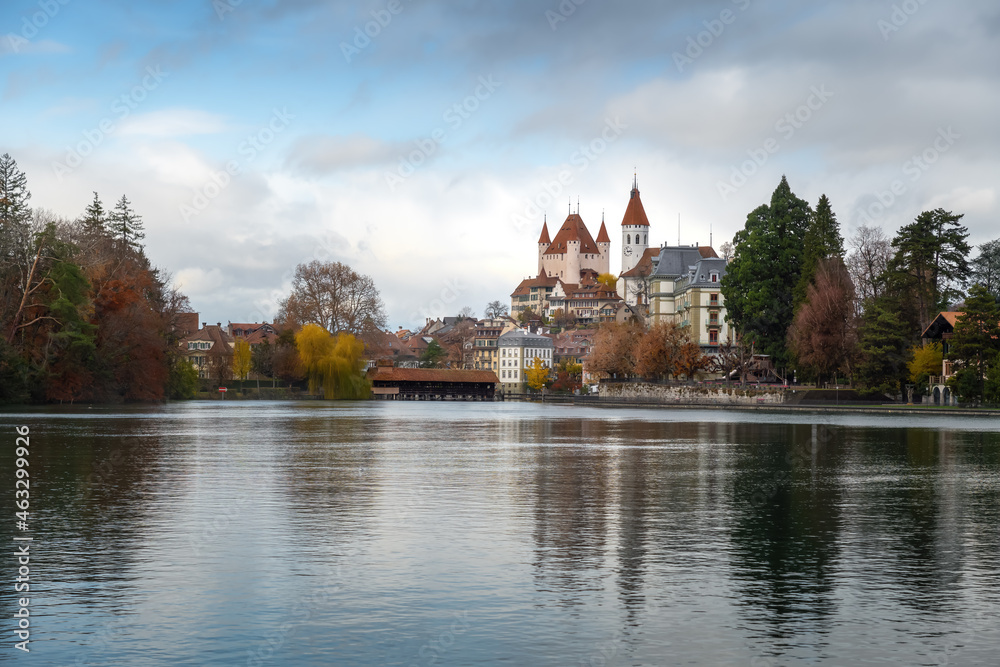 Thun Skyline with Thun Castle, Thun City Church (Stadtkirche) and Aare River - Thun, Switzerland Thun Skyline with Thun Castle, Thun City Church (Stadtkirche) and Aare River - Thun, Switzerland
