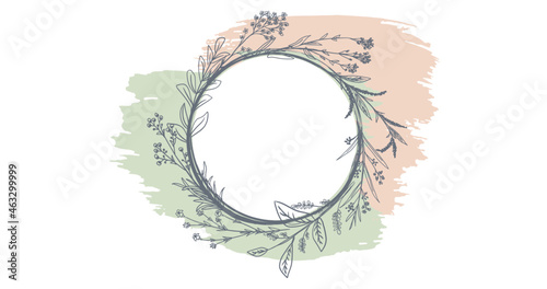 Vector hand drawn gray floral frame with pastel pink and green brush strokes. Decorative round element from plants. Vintage design.