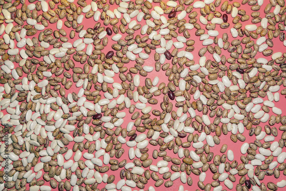 White and brown beans on pink paper, background. Flat lay