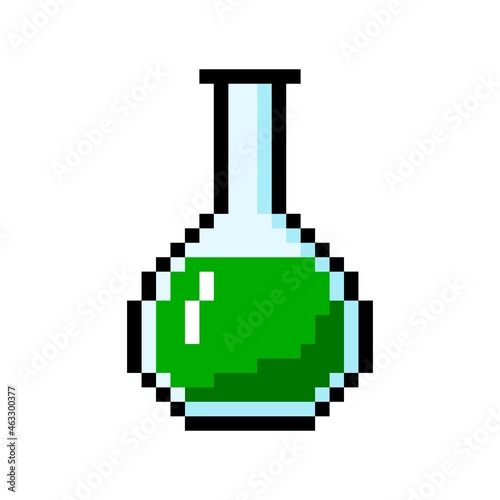 Pixel bottle with witchcraft potion. Game elixir with dangerous green poison. Alchemical brew for spells and vector antidotes