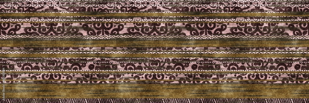 Seamless tribal ethnic stripe grungy border surface pattern design for print. High quality illustration. Faded rug or carpet like cover graphic tile. Thick lines filled with interesting geo textures. Seamless tribal ethnic stripe grungy border surface pattern design for print. High quality illustration. Faded rug or carpet like cover graphic tile. Thick lines filled with interesting geo textures.