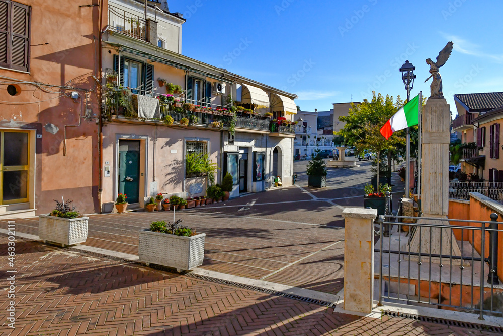 Fototapeta premium The small square of Strangolagalli, a medieval town of Lazio region, Italy.