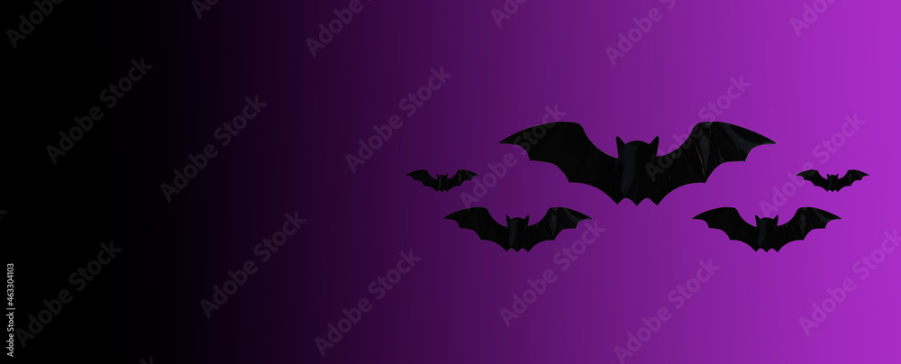 Black flying bats on a purple background, halloween background banner