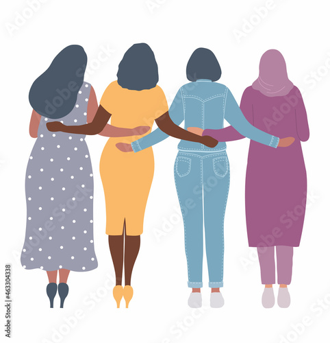 Young women are standing and hugging. Back view. International Women's Day concept. Women's community. Female solidarity. Vector illustration