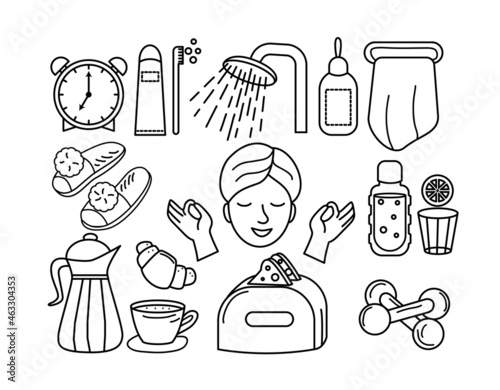 A young woman doing her morning routine. Woman self care concept. Vector illustration in a hand drawn style.