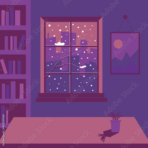 Pink room with window and flowers. Winter landscape