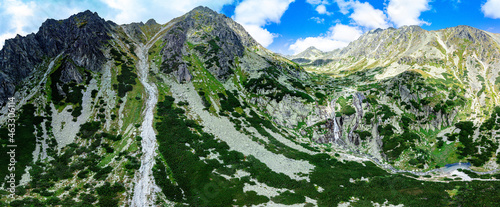 Panoramic view of Skok waterfall and the lake in the western part of High Tatras, Slovakia