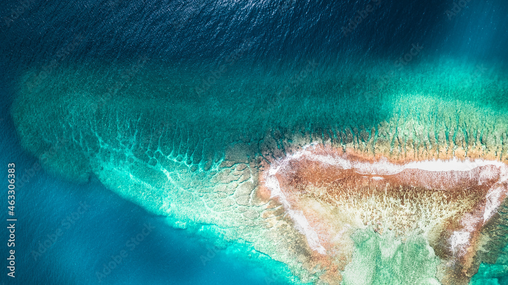 Aerial view of coral reef and atoll in French Polynesia. 