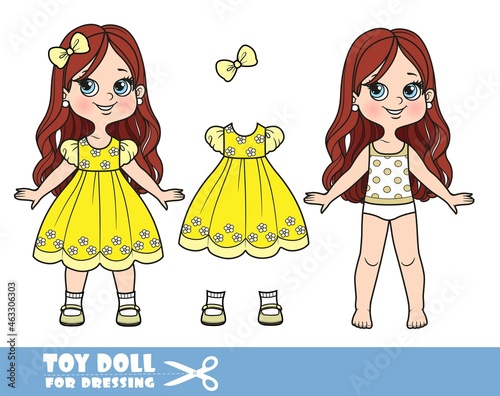 Cartoon brunette girl with lush curly hairstyle dressed and clothes separately - fancy dress, bow and sandals doll for dressing