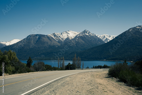 Road, lake and mountains