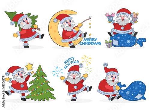 Set of cartoon Christmas Santa Claus on white background. Set of Merry Xmas and New Year with different objects.