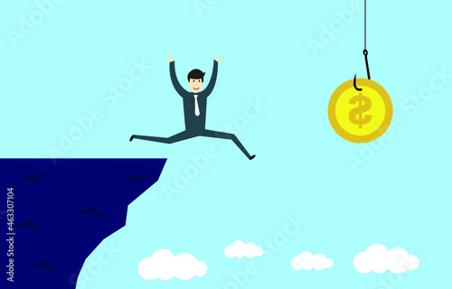 Greedy man jumps toward bait with money from the cliff, the concept of greed
