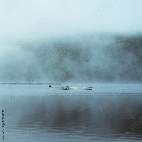 Boats on Lake in Fog