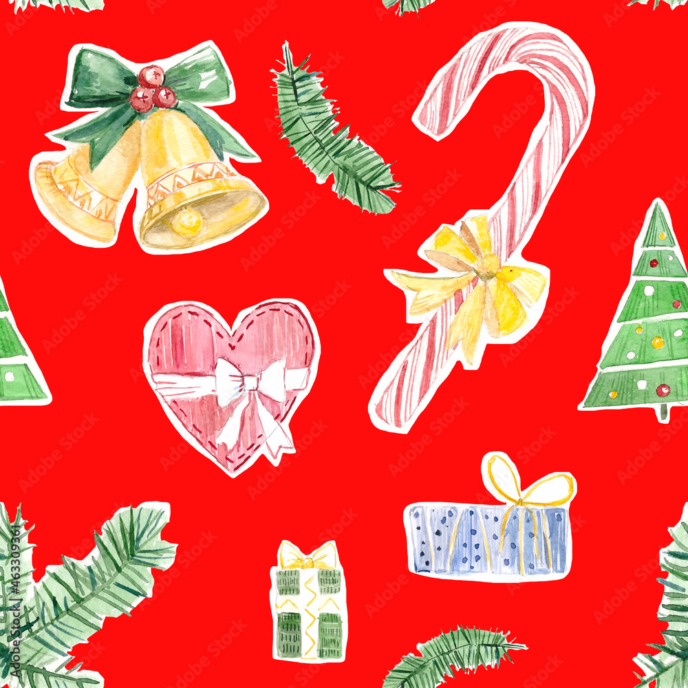 watercolor christmas pattern. new year attributes on a red background. bright print of fabric, postcards
