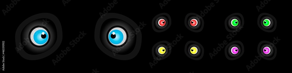 Eyes in different colors on a black background. Set of eyes. 