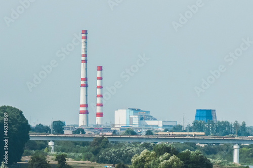 Industrial landscape with pipes or chimneys of a chemically polluted plant