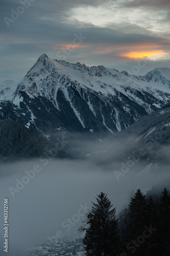 Sunset view of the snow-covered Alps in Austria © irimeiff