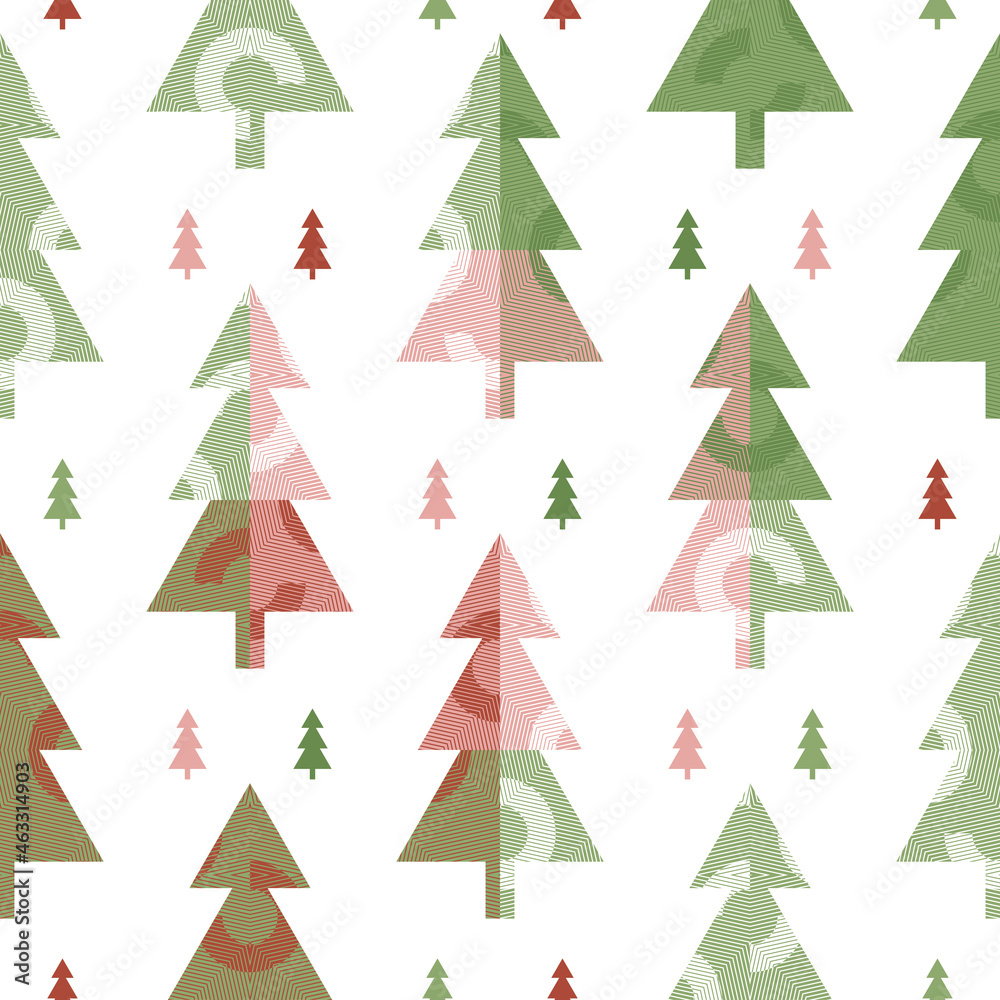 Festive Christmas park with  colourful decorated geometric trees on white background. Abstract seamless vector pattern suitable for wrapping paper, home decor and stationary.