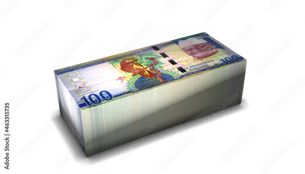 Gambia 100 Dalasi Money Stack on White Background